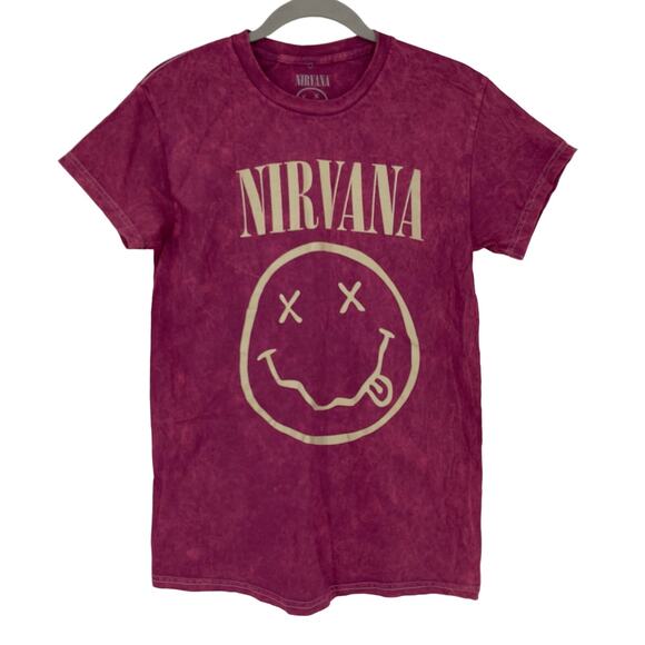 Officially Licensed Nirvana Nevermind Smiley Grunge Tee Magenta Acid Wash Small - Picture 7 of 7